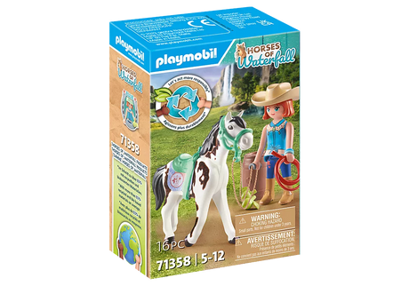 Playmobil Horses of Waterfall Feeding Time with Ellie & Sawdust set featuring horse and rider in western gear.