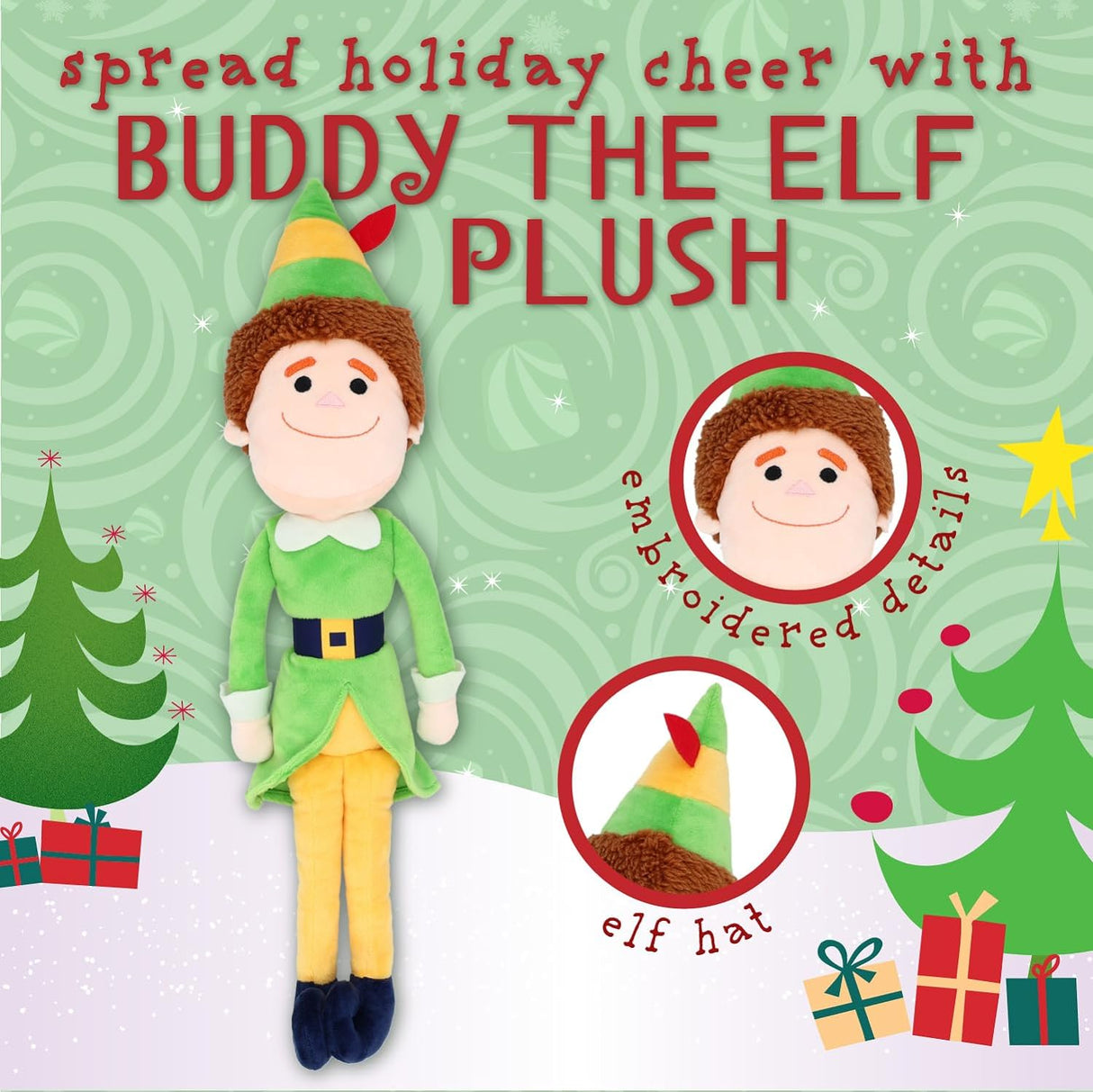 Buddy the Elf Plush 21 inch with embroidered details and elf hat, perfect for holiday cheer and cuddling.