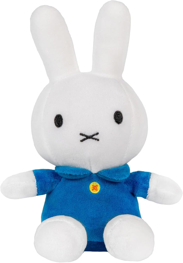 Miffy plush toy with minimalist embroidered face in blue outfit, soft and cuddly companion for all ages.