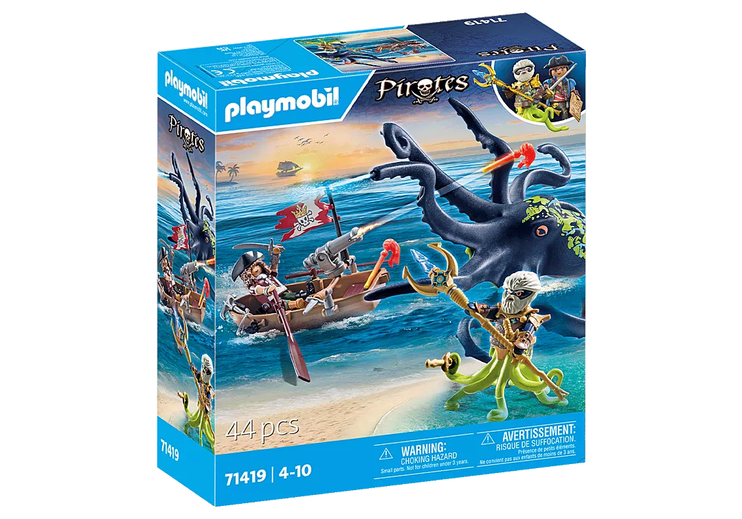 Pirates | Battle with Giant Octopus set showing pirate boat and Deepers Kraken fighting with water-spraying octopus tentacles.