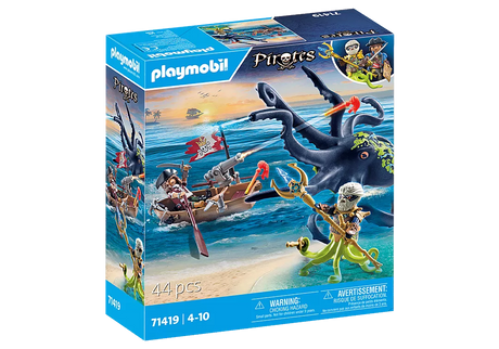 Pirates | Battle with Giant Octopus set showing pirate boat and Deepers Kraken fighting with water-spraying octopus tentacles.