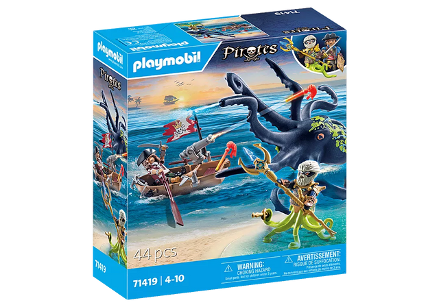 Pirates | Battle with Giant Octopus set showing pirate boat and Deepers Kraken fighting with water-spraying octopus tentacles.