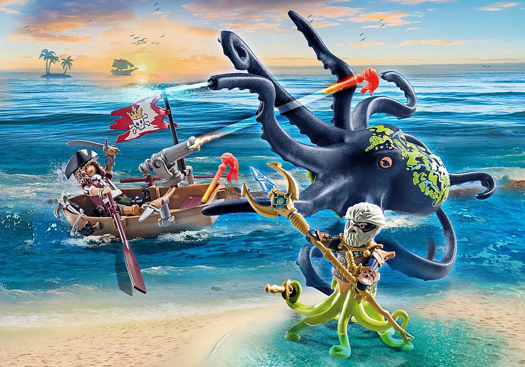 Pirates | Battle with Giant Octopus showing pirate in boat firing cannon at kraken and giant octopus in sea battle.