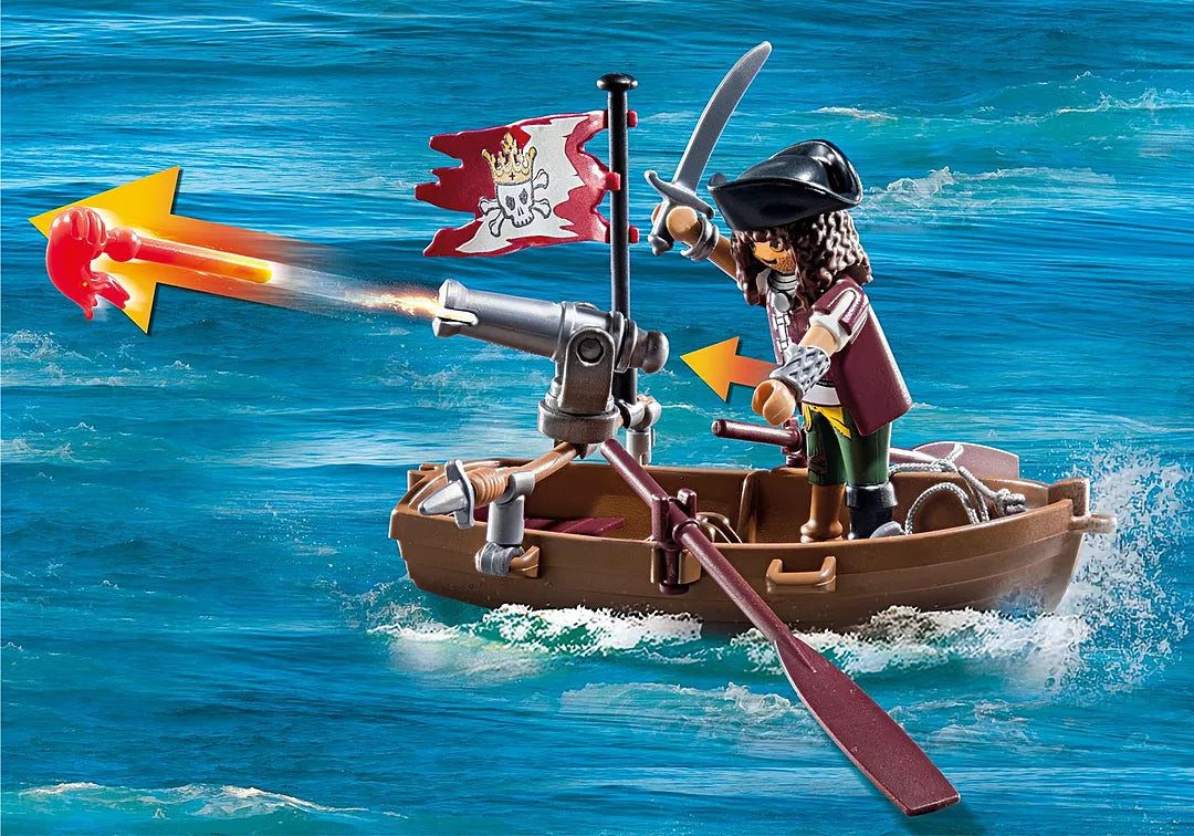Pirates | Battle with Giant Octopus shows a pirate firing a cannon from a rowboat in the ocean.