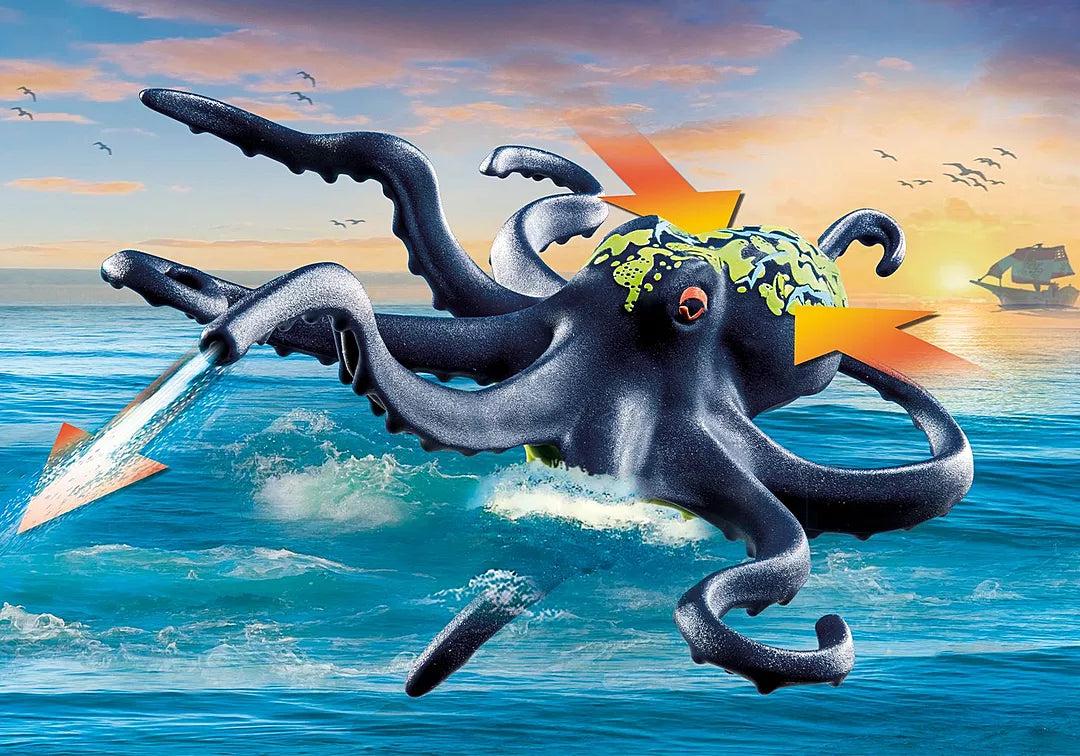 Pirates | Battle with Giant Octopus toy features a water-spraying giant octopus in an ocean battle scene at sunset.