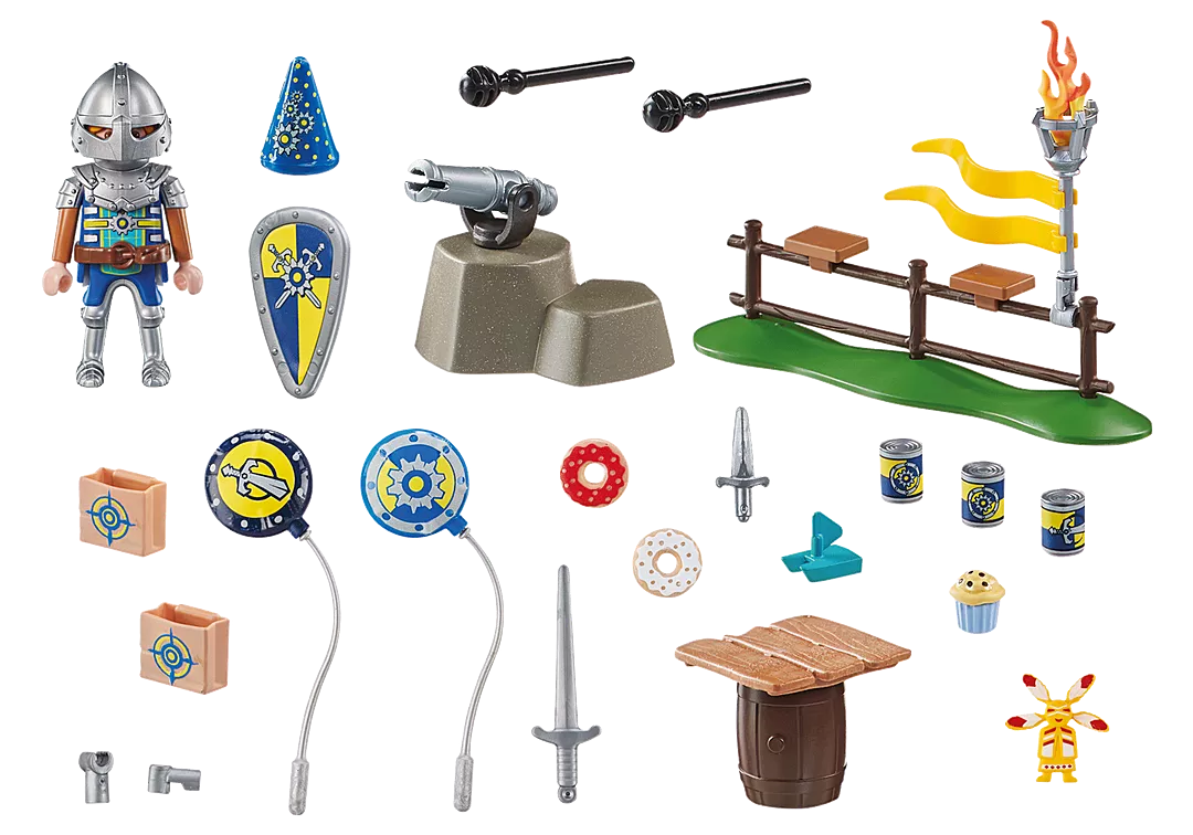 Novelmore Knight's Birthday set with knight figure, cannon, shield, accessories, and birthday-themed play items.