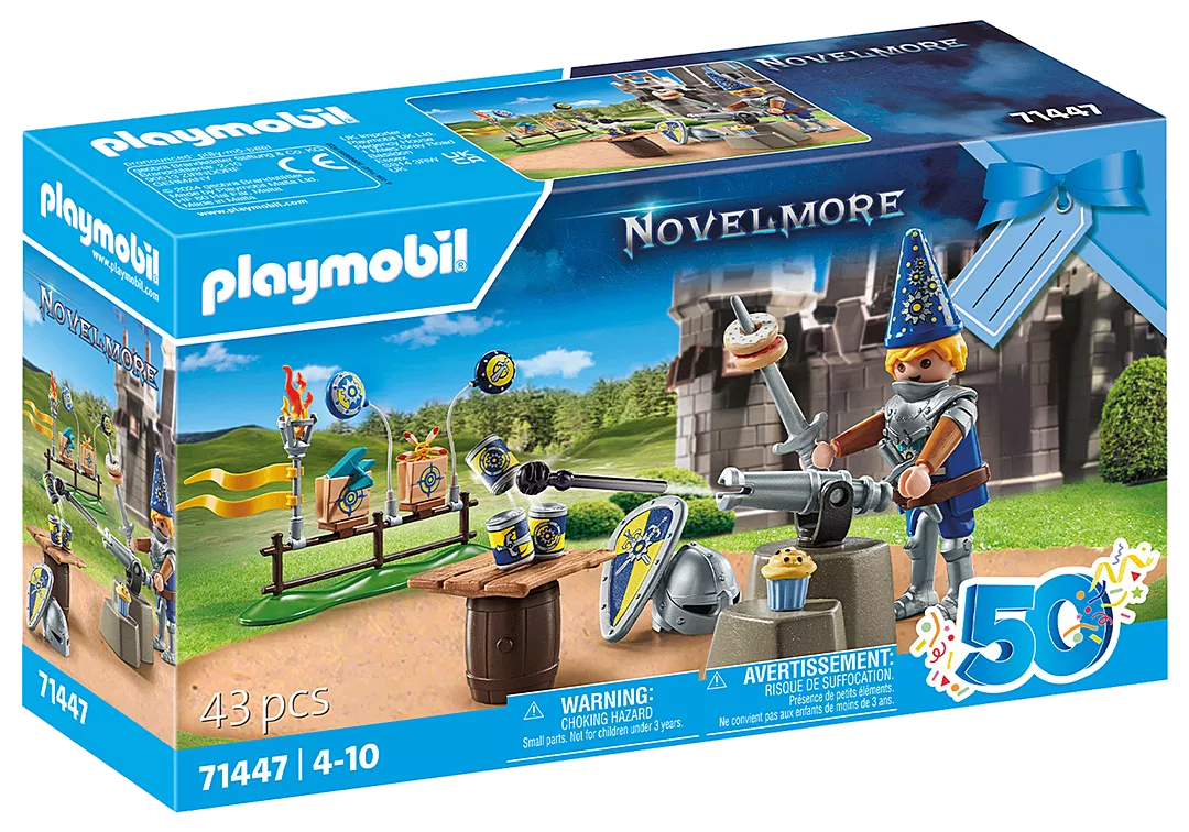Novelmore | Knight's Birthday set with knight figure, cannon, pastries, and tin can shooting game in decorative box.