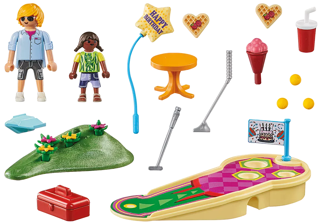 My Life | Mini Golf with two figures, mini golf course, clubs, golf balls, and birthday-themed accessories.