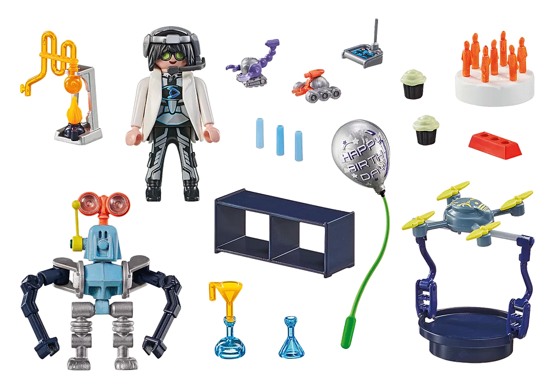 My Life | Researchers with Robots set featuring a researcher figure, robots, drone, birthday cake, and party accessories.