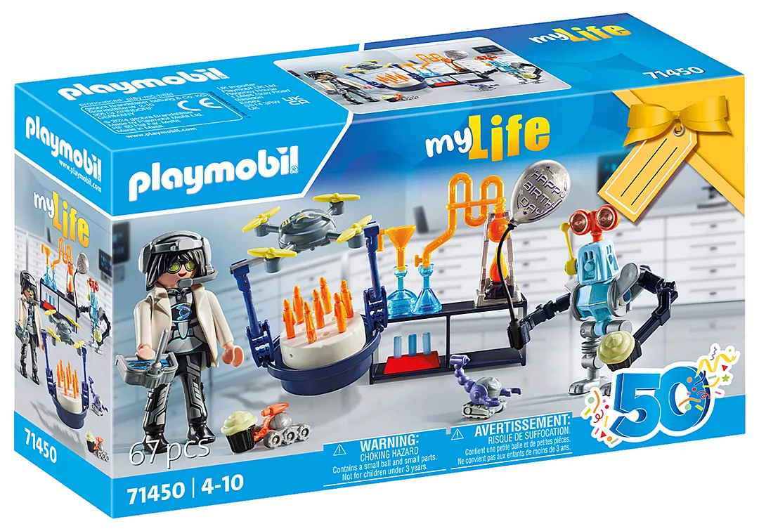 My Life | Researchers with Robots PLAYMOBIL set with figures, robots, drone, and science lab accessories in gift packaging.