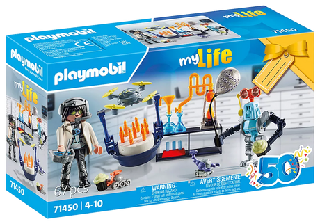 My Life | Researchers with Robots PLAYMOBIL set with figures, robots, drone, and science lab accessories in gift packaging.