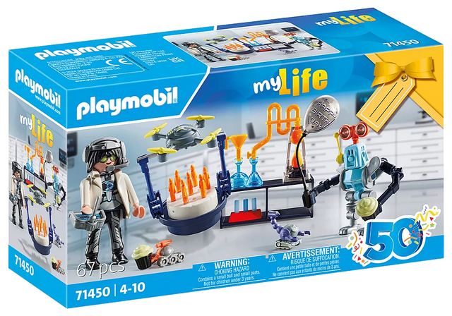 My Life | Researchers with Robots PLAYMOBIL set with figures, robots, drone, and science lab accessories in gift packaging.