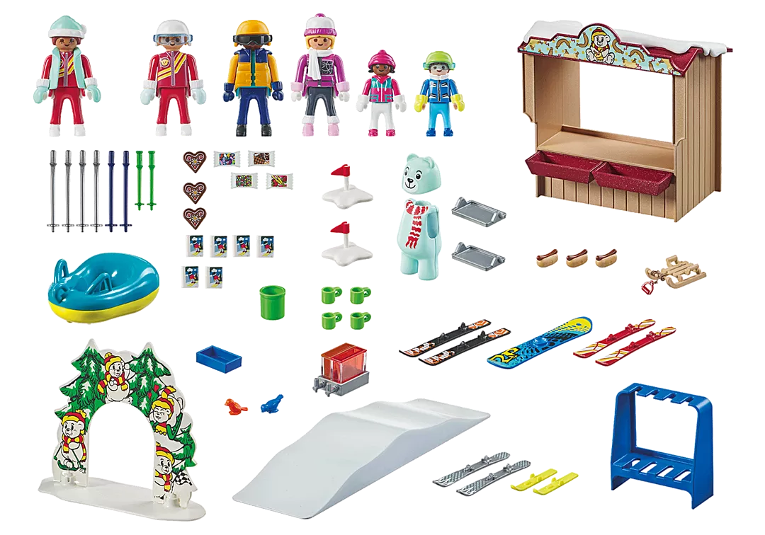 My Life | Ski World set with ski instructor in bear costume, skiers, children, toboggan, snow tube, and winter sports accessories.