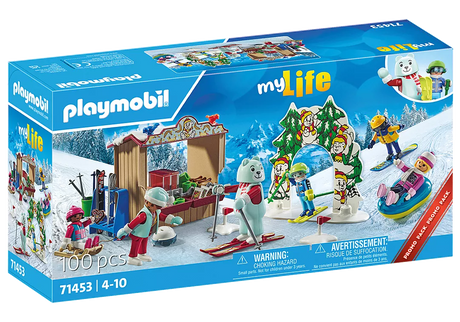 Playmobil My Life | Ski World set with ski instructor, children, winter sports gear, toboggan, and snow tube accessories.