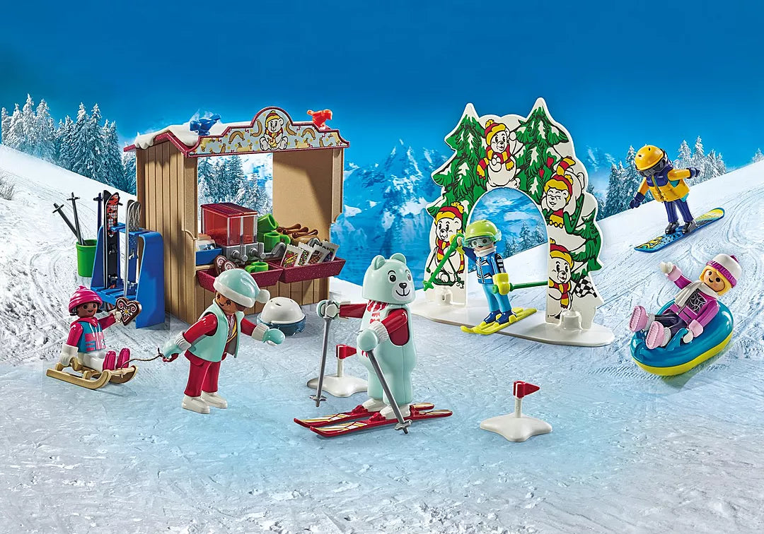 My Life | Ski World with ski instructor bear, children skiing, snowboarding, toboggan, and snack stand in snowy mountain scene.