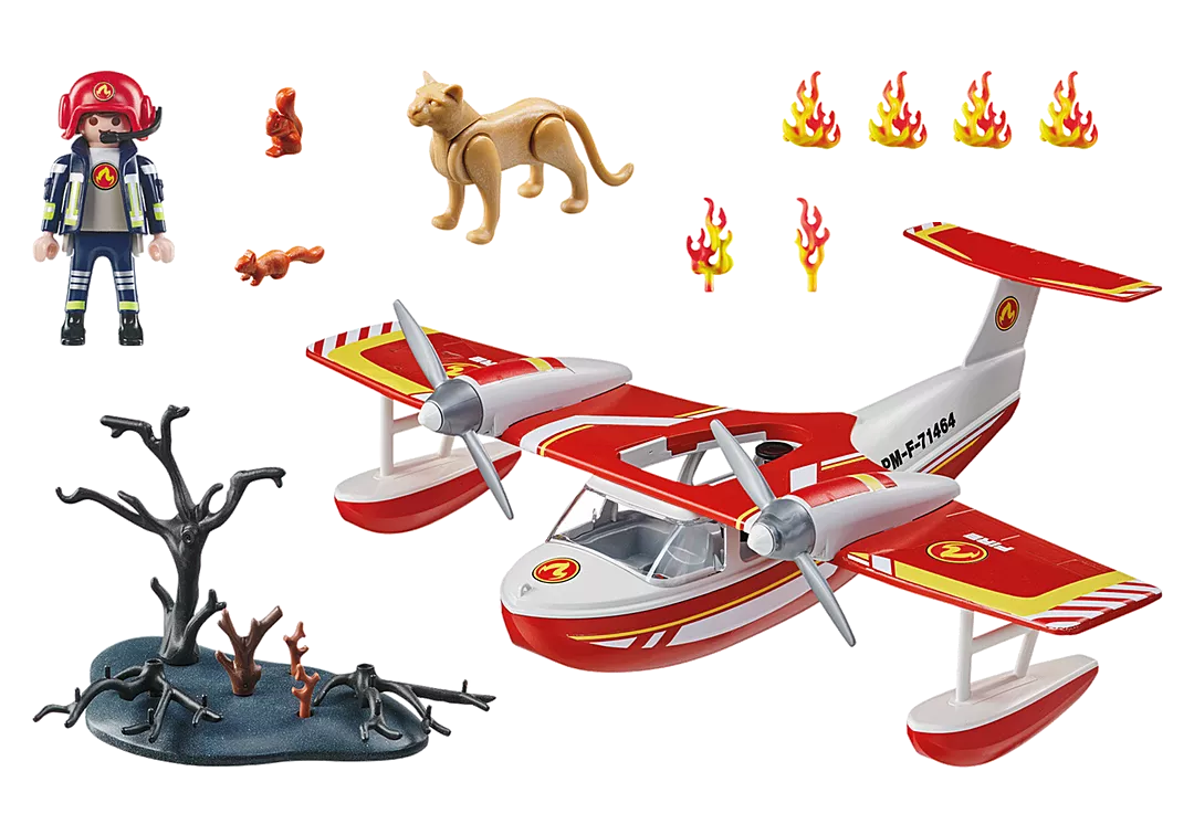Action Heroes | Firefighting Seaplane with pilot figure, firefighting accessories, and red and white water-dropping seaplane model.