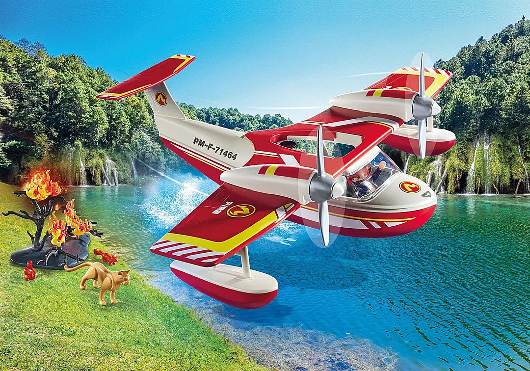 Action Heroes | Firefighting Seaplane floating on water with pilot, water-dropping function, and firefighting scene.