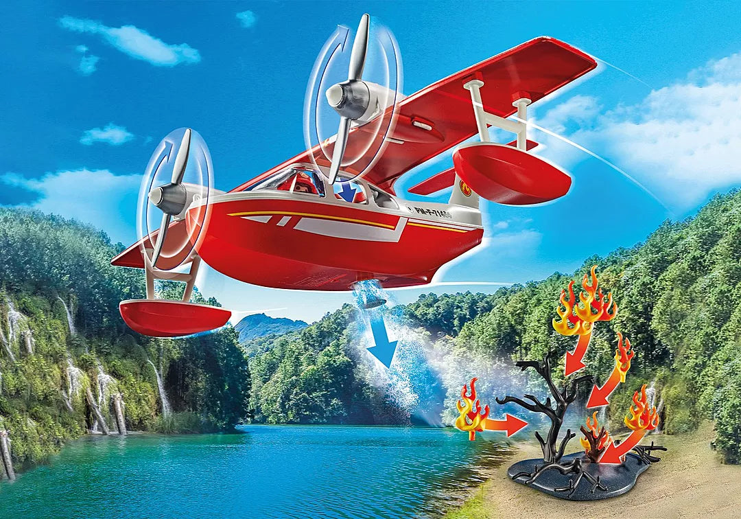 Action Heroes | Firefighting Seaplane flying over water dropping water to extinguish forest fire with rotating propellers.