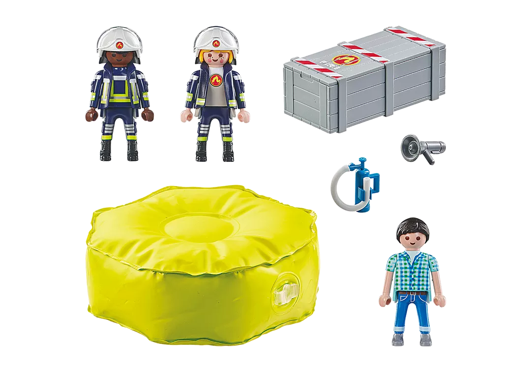 City Action | Firefighter with Air Pillow set with two firefighters, inflatable rescue cushion, and rescue equipment pieces.