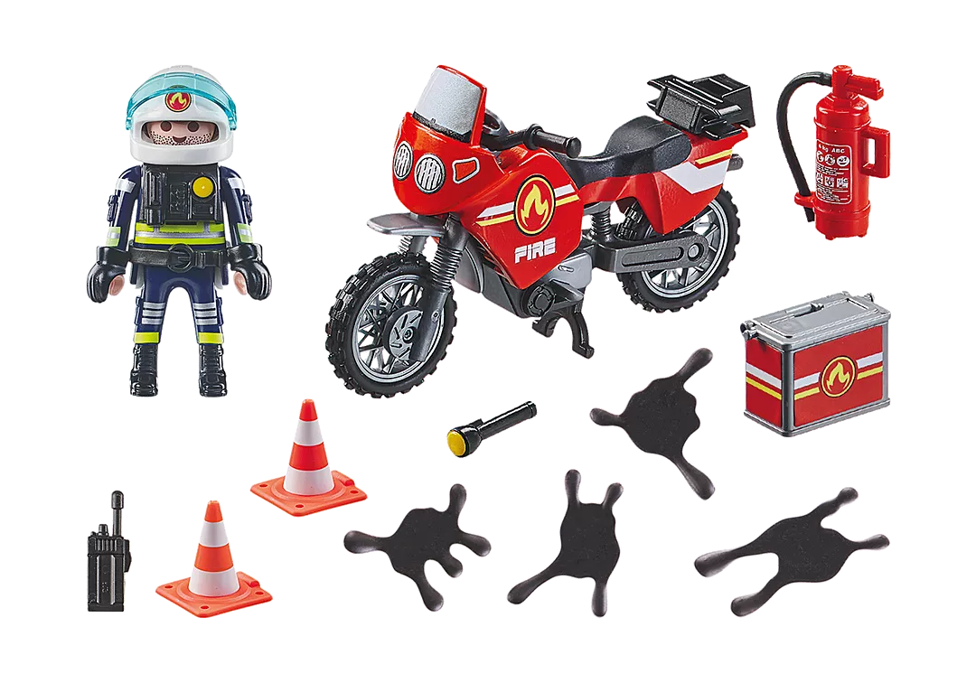 Action Heroes | Fire Motorcycle toy set with firefighter figure, motorcycle, fire extinguisher, pylons, and accessories for imaginative play.