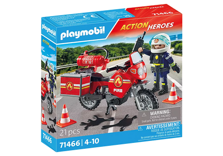 Action Heroes | Fire Motorcycle toy set includes firefighter figure, red motorcycle, fire extinguisher, and traffic cones for role play.