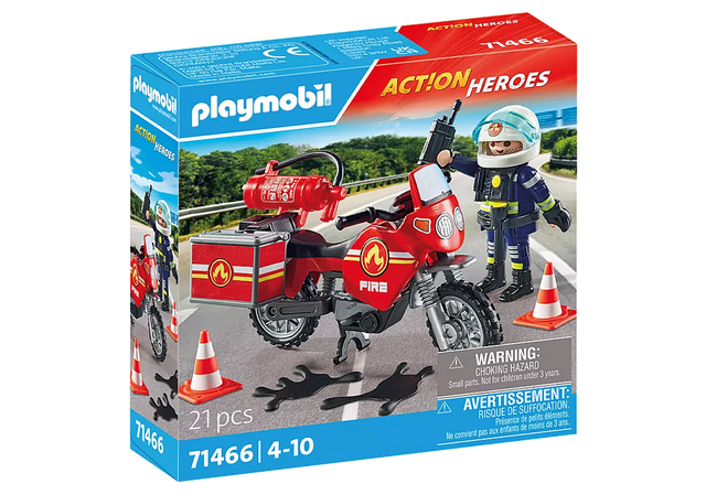 Action Heroes | Fire Motorcycle toy set includes firefighter figure, red motorcycle, fire extinguisher, and traffic cones for role play.