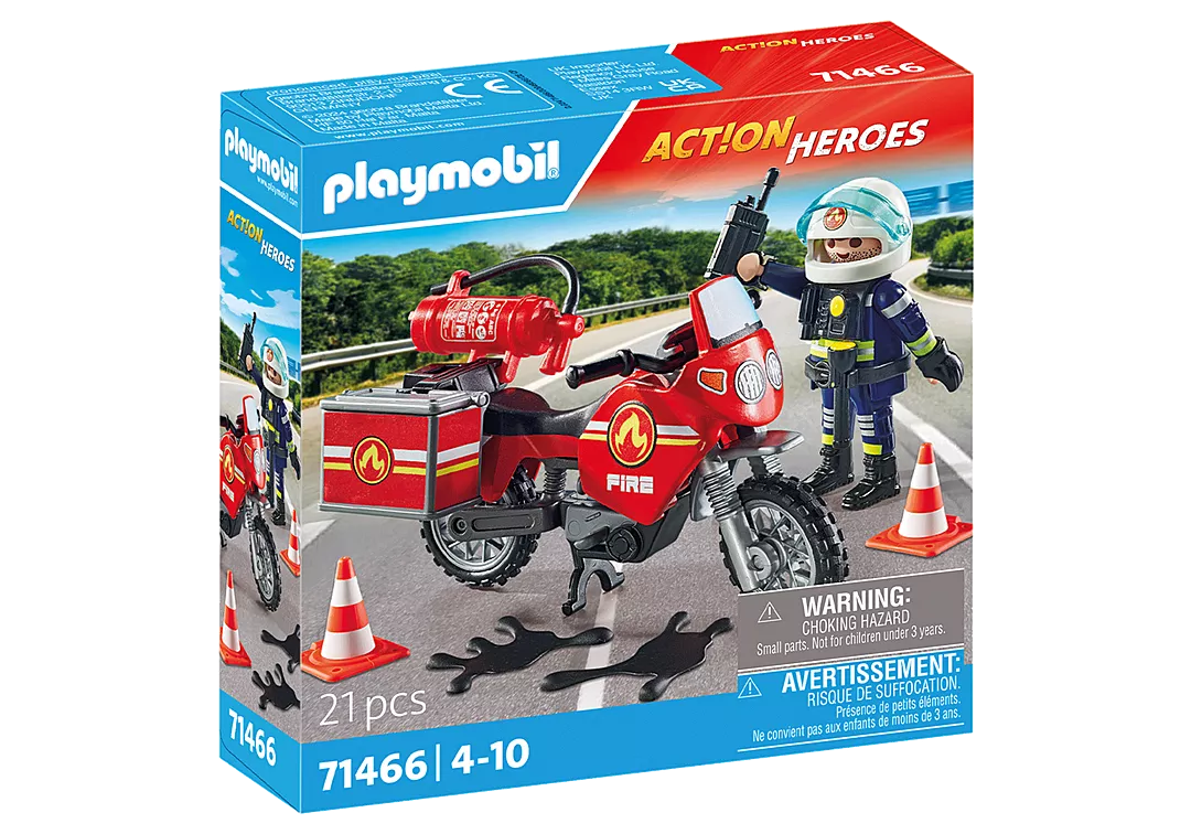 Action Heroes | Fire Motorcycle toy set includes firefighter figure, red motorcycle, fire extinguisher, and traffic cones for role play.