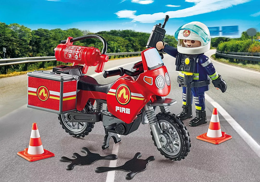 Action Heroes | Fire Motorcycle toy with firefighter figure, fire extinguisher, pylons, and adjustable visor helmet for role play.