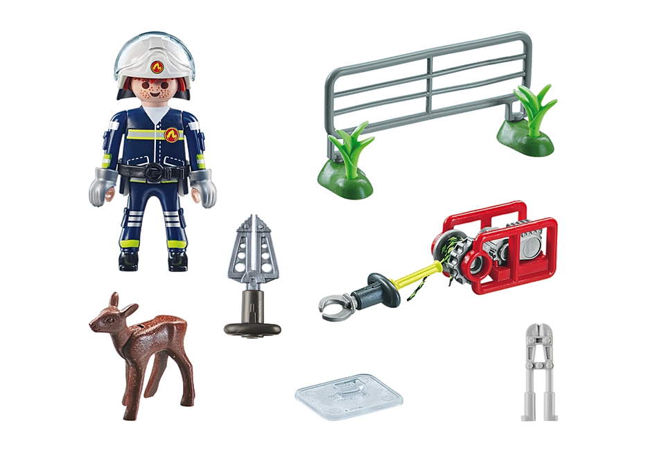 Action Heroes | Firefighter Animal Rescue set with firefighter figure freeing a trapped fawn from a fence.