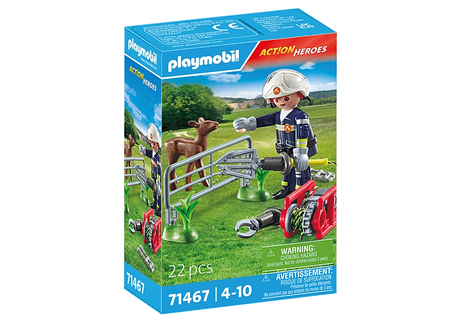 Action Heroes | Firefighter Animal Rescue shows a firefighter freeing a fawn trapped in a fence with rescue tools.