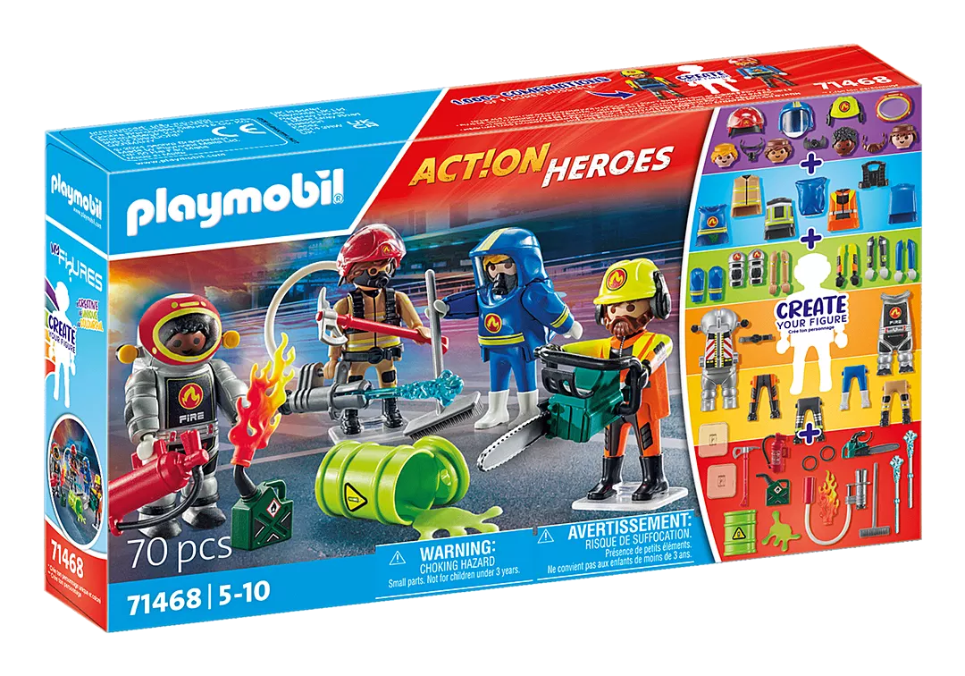 Action Heroes | My Figures: Fire Rescue set with customizable firefighters, removable gear, and rescue accessories for creative play.