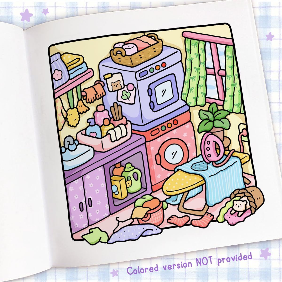 Cozy Corner Coloring Book page showing a cozy kitchen scene with appliances, plants, and household items to color.
