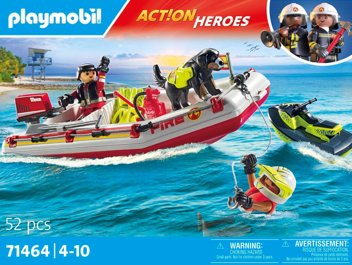 Action Heroes | Fireboat with Water Scooter toy set with firefighter figures, rescue dog, and water rescue accessories on water.