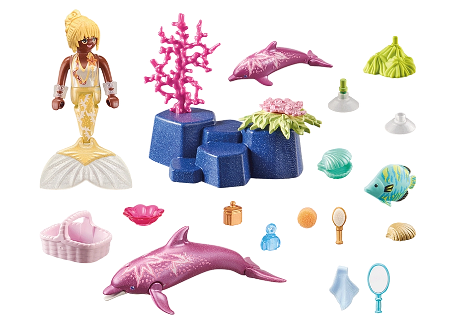 Princess Magic | Mermaid with Dolphins set featuring a mermaid, dolphins, fish, coral, and underwater accessories.