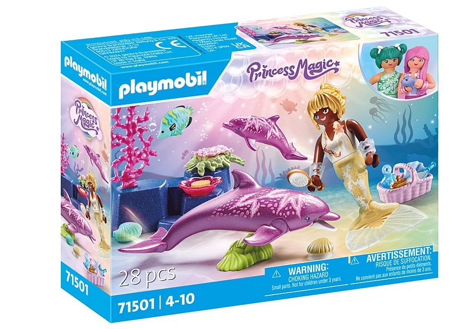 Princess Magic | Mermaid with Dolphins playset featuring mermaid, dolphin mother, baby dolphin, and underwater accessories.