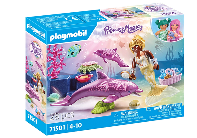 Princess Magic | Mermaid with Dolphins playset featuring mermaid, dolphin mother, baby dolphin, and underwater accessories.