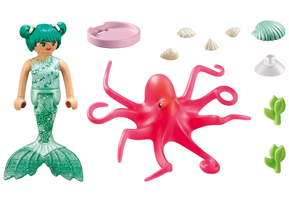 Princess Magic | Mermaid with Octopus playset featuring color-changing octopus, mermaid figure, shells, and accessories.