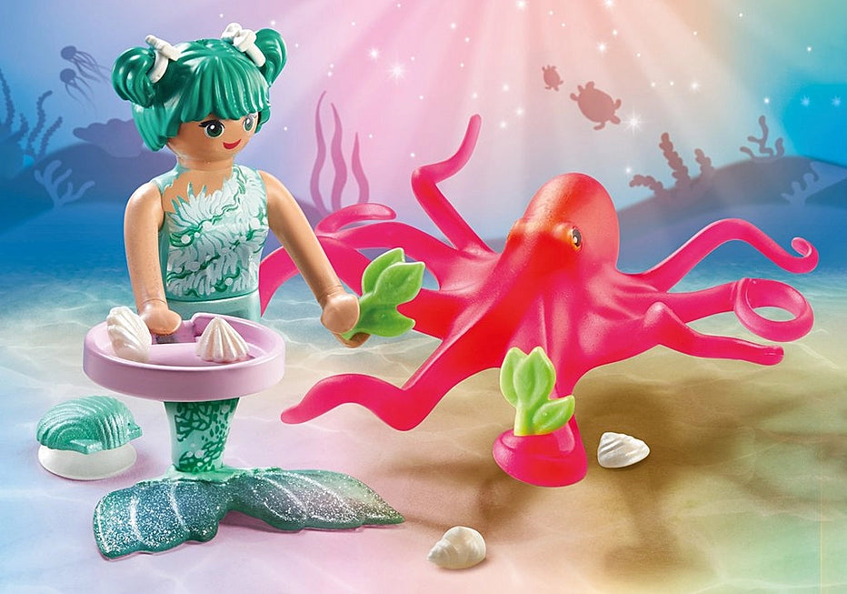 Princess Magic | Mermaid with Octopus playset showing mermaid feeding color-changing octopus with leaves underwater.