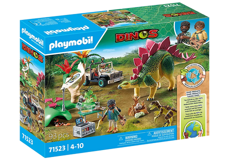 Dinos | Research Camp with Dinos featuring two explorers, Stegosaurus, Deinonychus, off-road vehicle, and dinosaur eggs playset.