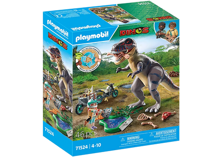 Dinos | T-Rex with Dino Chaser set featuring T-Rex, researcher on motorcycle, footprint, and dinosaur fossils playset.