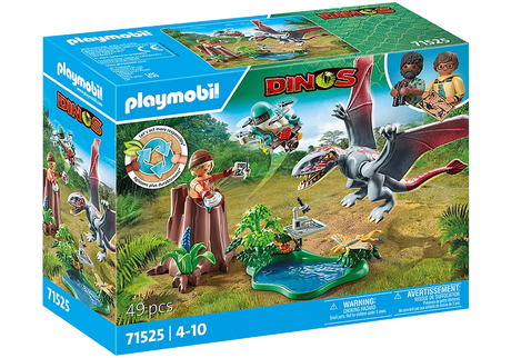Dinos | Observatory for Dimorphodon set with drone, pond, researcher, and flying Dimorphodon dinosaur figure playset.