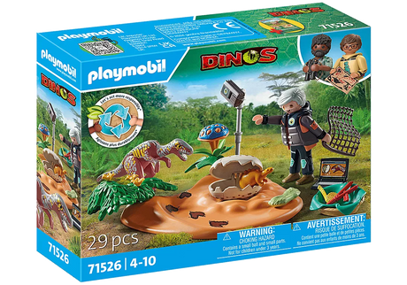 Dinos | Stegosaurus Nest with Egg Thief playset showing dinosaur egg, Velociraptor, researcher figure, and baby Stegosaurus.