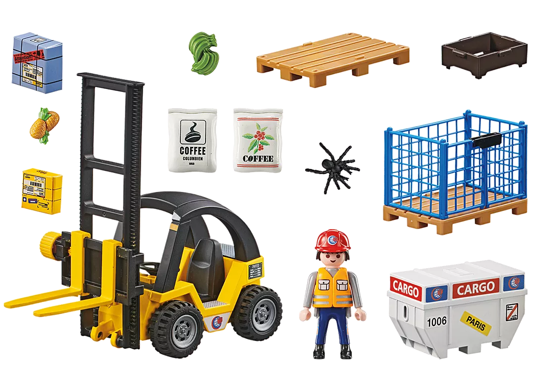 Action Heroes | Forklift Truck with Cargo playset with forklift, cargo, figure, pallet, and container for imaginative play.
