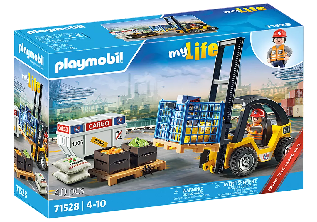 Action Heroes | Forklift Truck with Cargo toy set with lifting function, container, pallet, and dockworker figure for kids aged 4 and up.