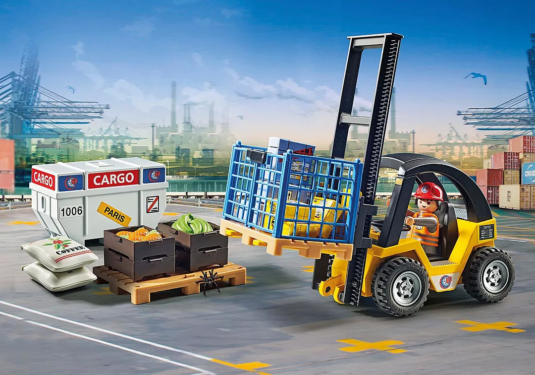 Action Heroes | Forklift Truck with Cargo moving crates and cargo at the harbor in a detailed playset scene.