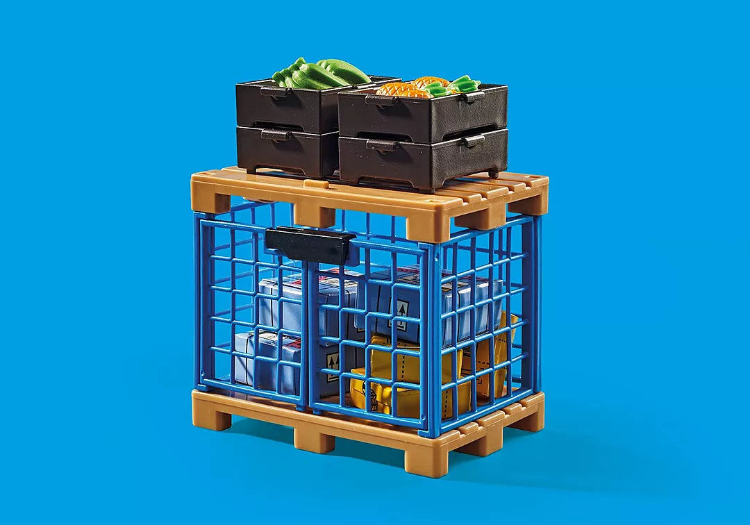 Action Heroes | Forklift Truck with Cargo featuring crates of vegetables and a wire mesh pallet on a blue background.