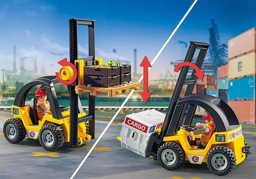 Action Heroes | Forklift Truck with Cargo lifting crates and containers with adjustable forks and rotary knob function.