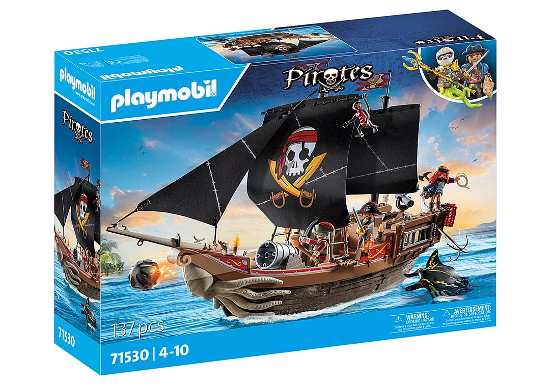 PLAYMOBIL Pirates | Large Pirate Ship playset with swivelling cannons, movable sails, and pirate crew for imaginative play.