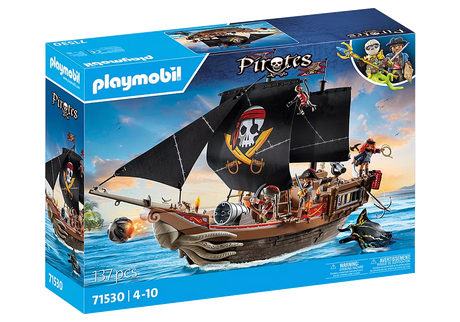 PLAYMOBIL Pirates | Large Pirate Ship playset with swivelling cannons, movable sails, and pirate crew for imaginative play.