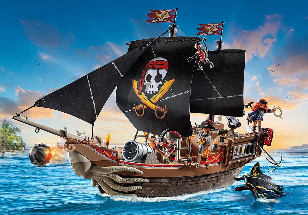 Pirates | Large Pirate Ship with black sails, cannons, pirate figures, and detailed pirate-themed accessories on the sea.